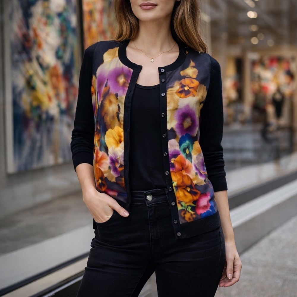 MEXX Metropolitan Black Floral‎ Button Front Cardigan 3/4 Sleeve XS